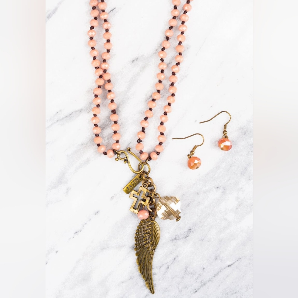 BRASSTONE WING PENDANT BROWN BEADED DUAL LENGTH NECKLACE AND EARRING SET